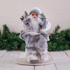 40cm Grey Sitting Santa Decoration With Tree