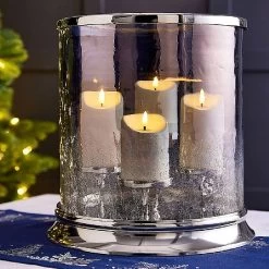 Large Aluminium & Glass Four-Pillar Hurricane Candle Holder