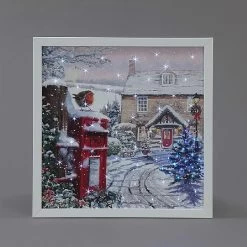 Snowtime Fibre Optic 40x40cm Robin On Postbox Canvas By Richard Macneil (Battery Operated)