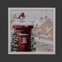 Snowtime Fibre Optic Robin Postbox Canvas By Richard Macneil (Battery Operated)