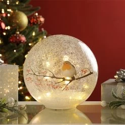 Festive Large Robin Led Crackle Bauble