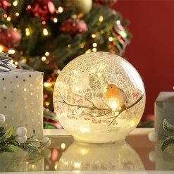 Festive Small Robin Led Crackle Bauble