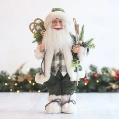41cm Green Standing Santa With Racket And Skis