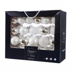 Decoris Box Of 42 White & Silver Assorted Glass Baubles